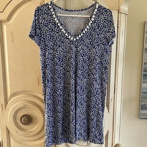 Lilly Pulitzer Blue Printed v-Neck T Shirt Dress with Pom Pom Detailing